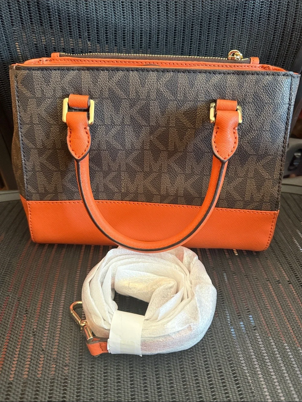 Michael Kors Hope Medium Satchel Messenger – Signature MK & Orange Trim